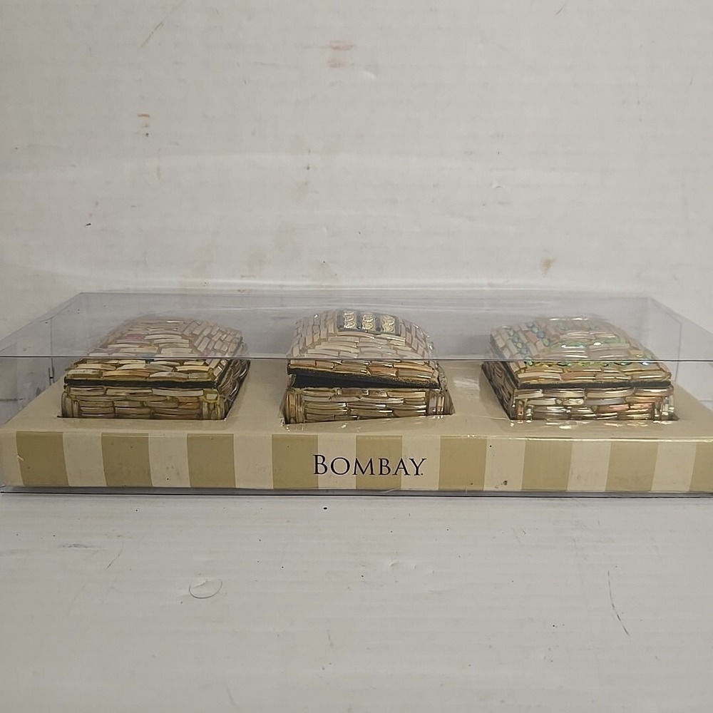 Bombay Mosaic Jeweled Rhinestone‎ Trinket Box Jewelry Keepsake ~set Of 3